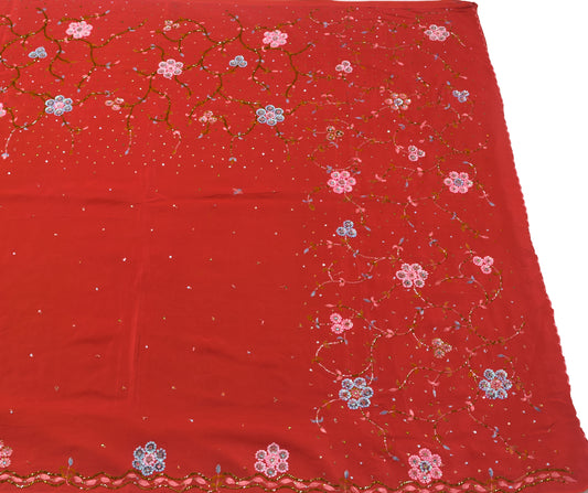 Sushila Vintage Dark Rust Saree Pure Crepe Silk Hand Beaded Sari Floral Fabric