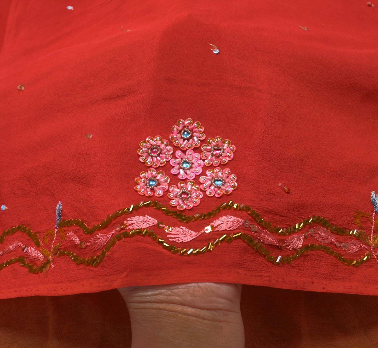Sushila Vintage Dark Rust Saree Pure Crepe Silk Hand Beaded Sari Floral Fabric