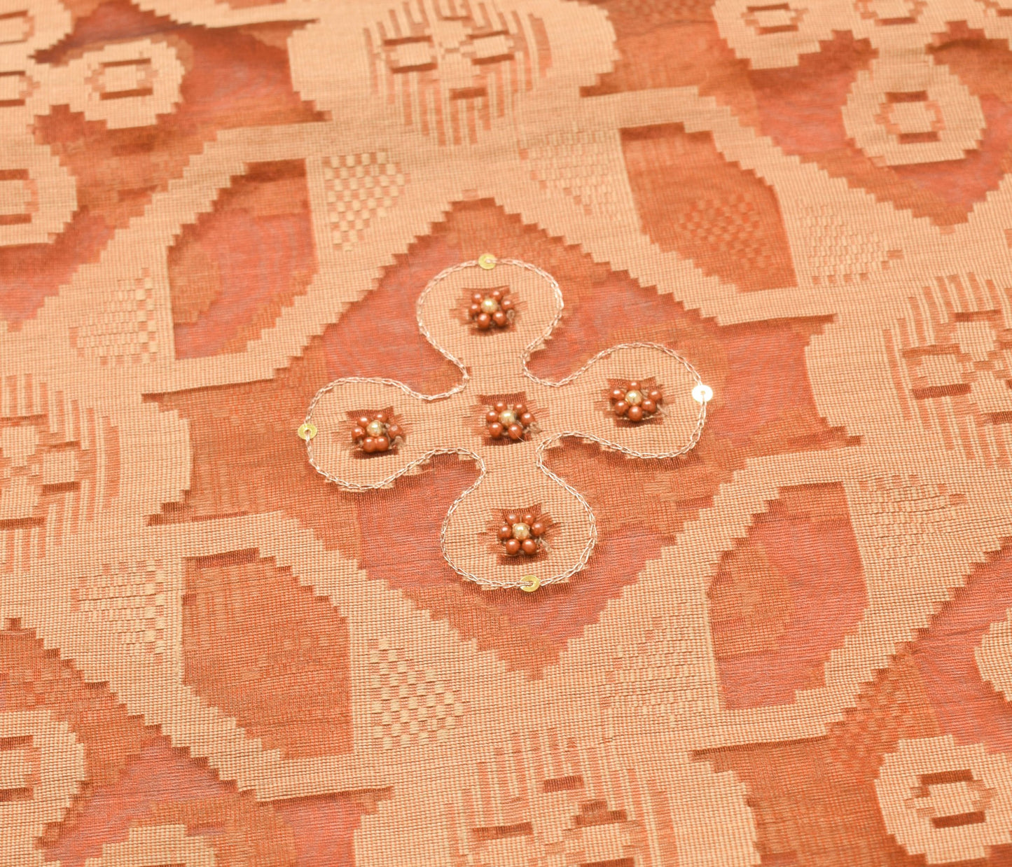 Sushila Vintage 100%Pure Organza Silk Saree Brown Embroidered  Sari Craft Fabric