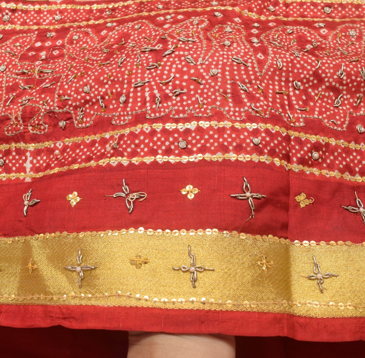 Sushila Vintage Pure Silk Maroon Gold Toned Woven Bandhani Printed Bridal Saree