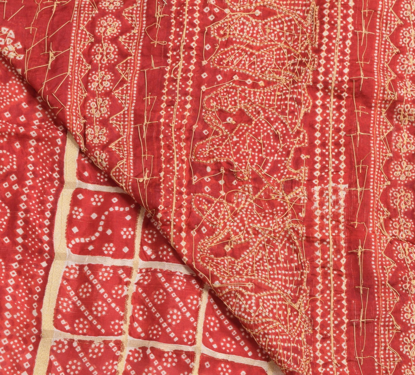 Sushila Vintage Pure Silk Maroon Gold Toned Woven Bandhani Printed Bridal Saree