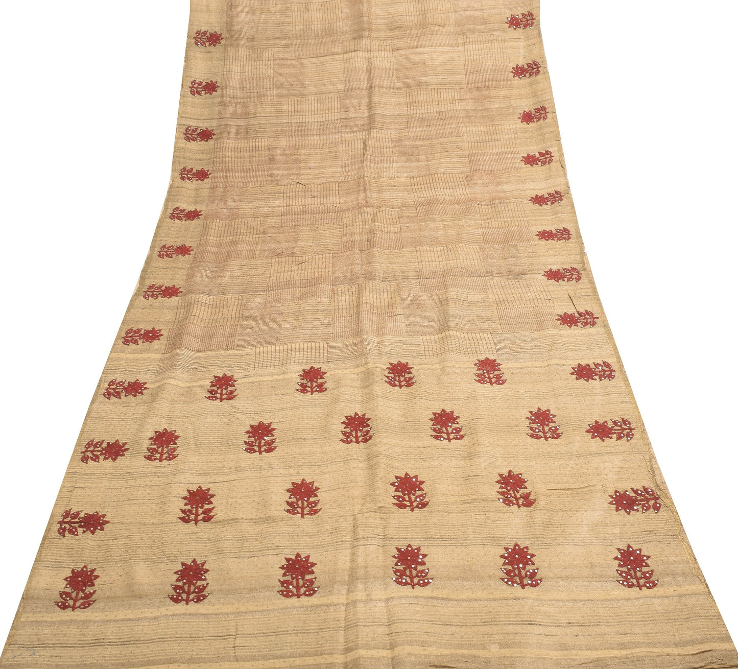 Vintage Brown 100% Pure Khadi Silk Saree Floral Embroidered Premium Sari Fabric