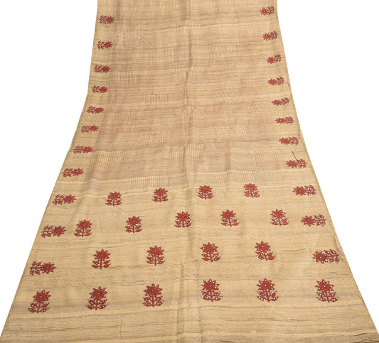Vintage Brown 100% Pure Khadi Silk Saree Floral Embroidered Premium Sari Fabric