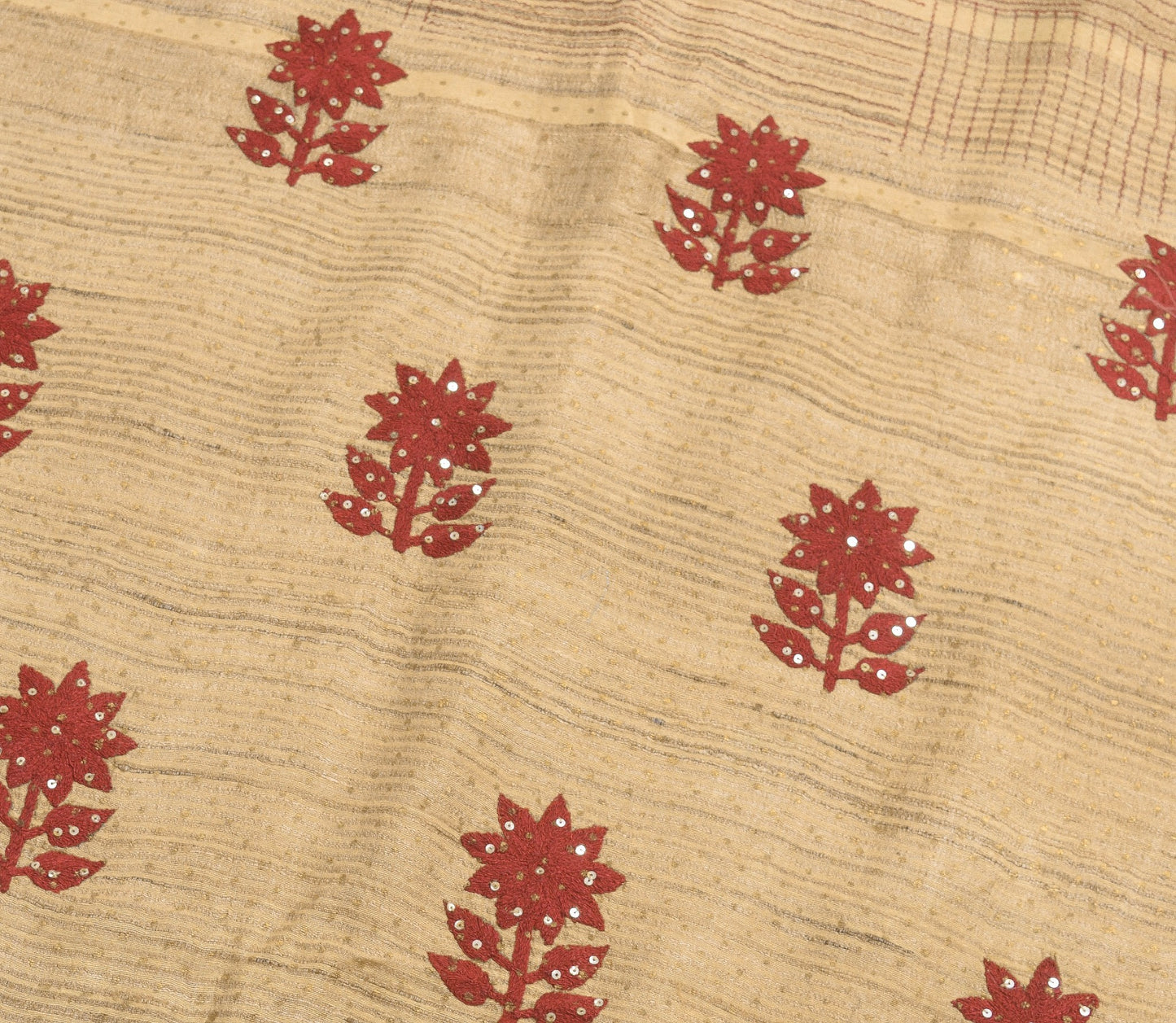 Vintage Brown 100% Pure Khadi Silk Saree Floral Embroidered Premium Sari Fabric
