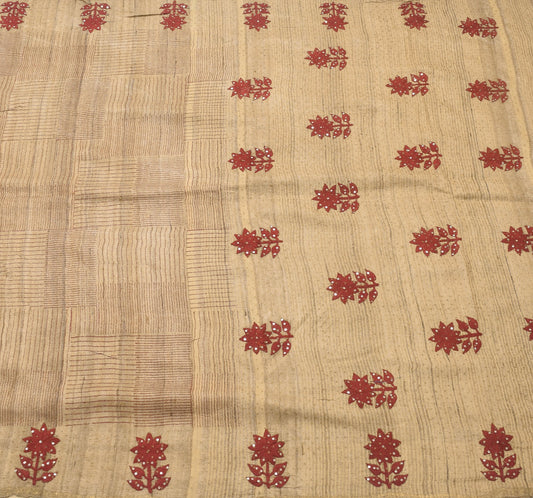 Vintage Brown 100% Pure Khadi Silk Saree Floral Embroidered Premium Sari Fabric
