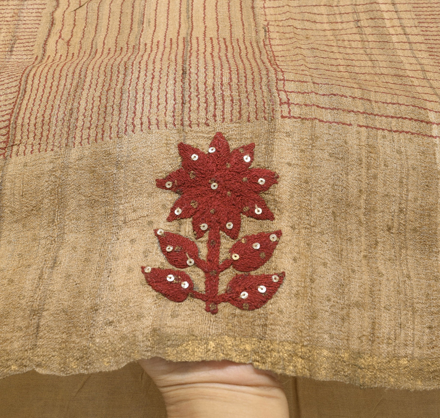 Vintage Brown 100% Pure Khadi Silk Saree Floral Embroidered Premium Sari Fabric