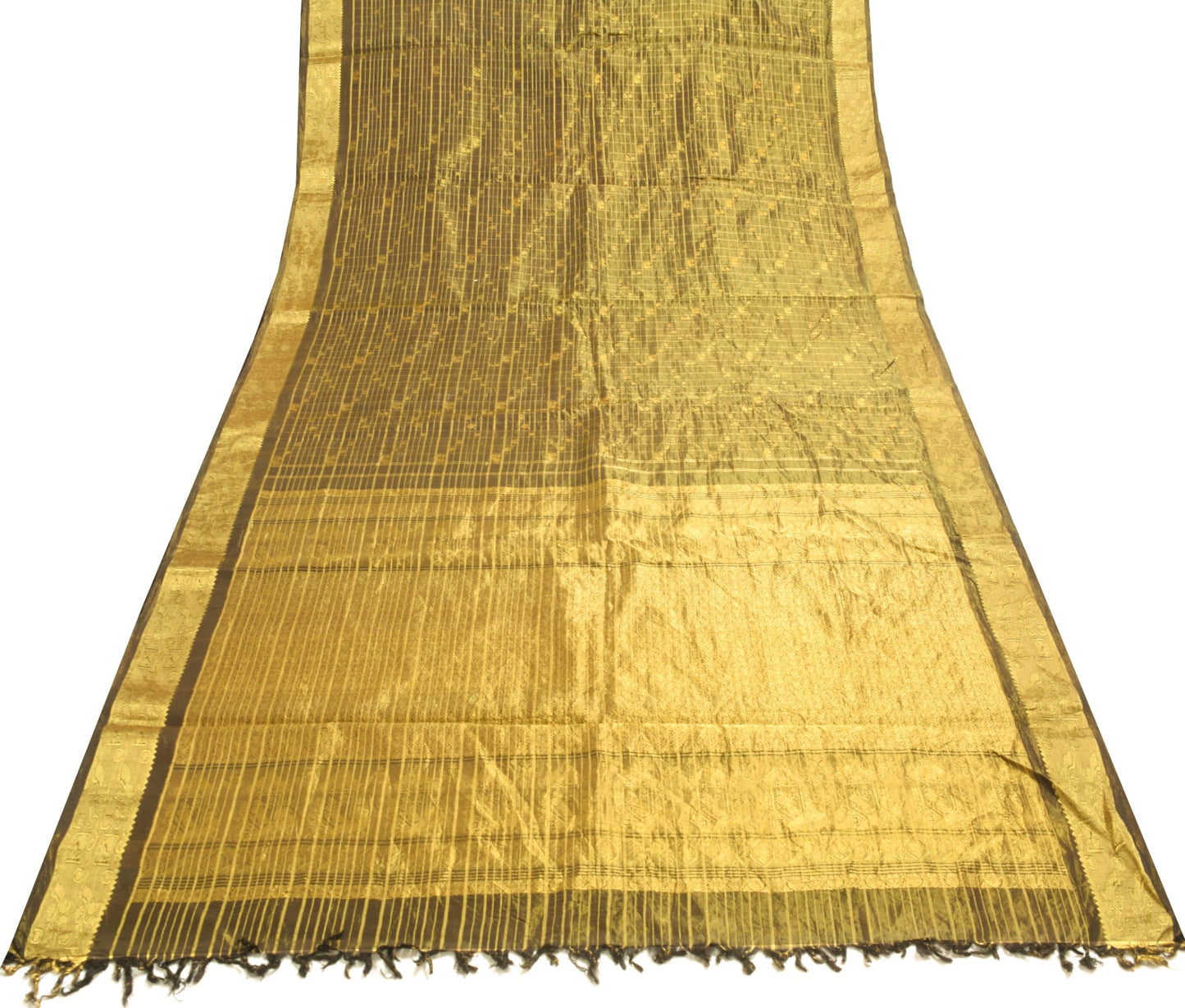 Sushila Vintage Oil Black Zari Woven Kanjivaram Saree 100% Pure Silk Sari Fabric