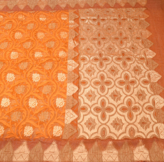 Sushila Vintage Orange Traditional Saree 100% Pure Silk Floral Woven Sari Fabric