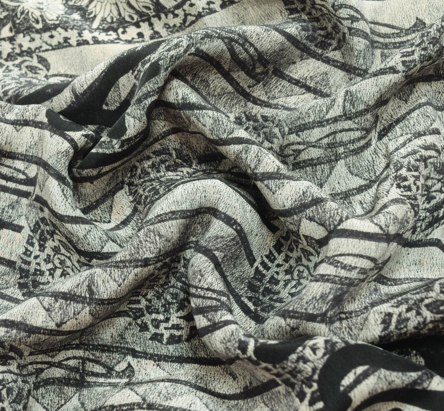Sushila Vintage Black Saree 100% Pure Crepe Silk Printed Floral Soft Sari Fabric