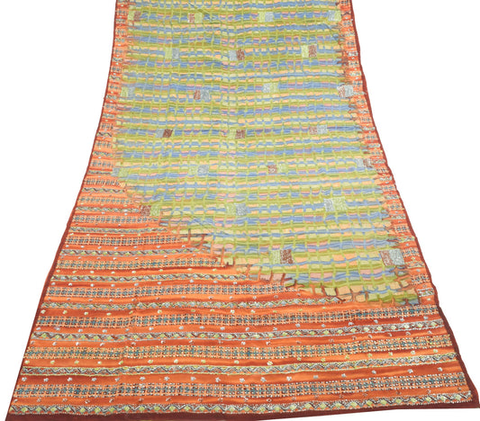 Sushila Vintage Multi-Color Pure Crepe Silk Saree Hand Embroidered Sari Fabric