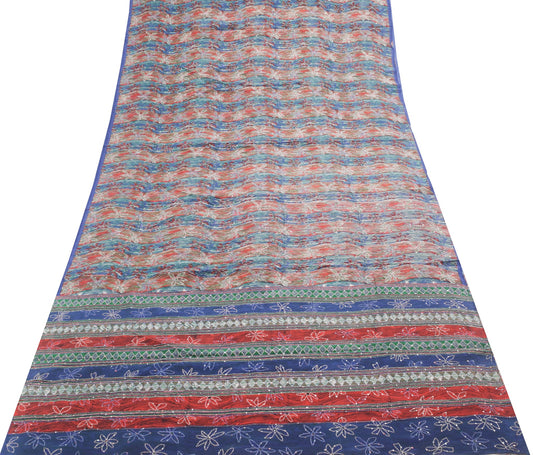 Sushila Vintage Multi-Color Saree 100% Pure Crepe Silk Hand Work Sari Fabric