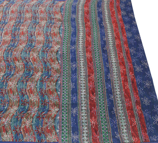 Sushila Vintage Multi-Color Saree 100% Pure Crepe Silk Hand Work Sari Fabric