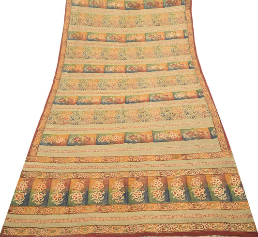 Sushila Vintage Light Brown Saree 100% Pure Georgette Silk Aari Work Sari Fabric