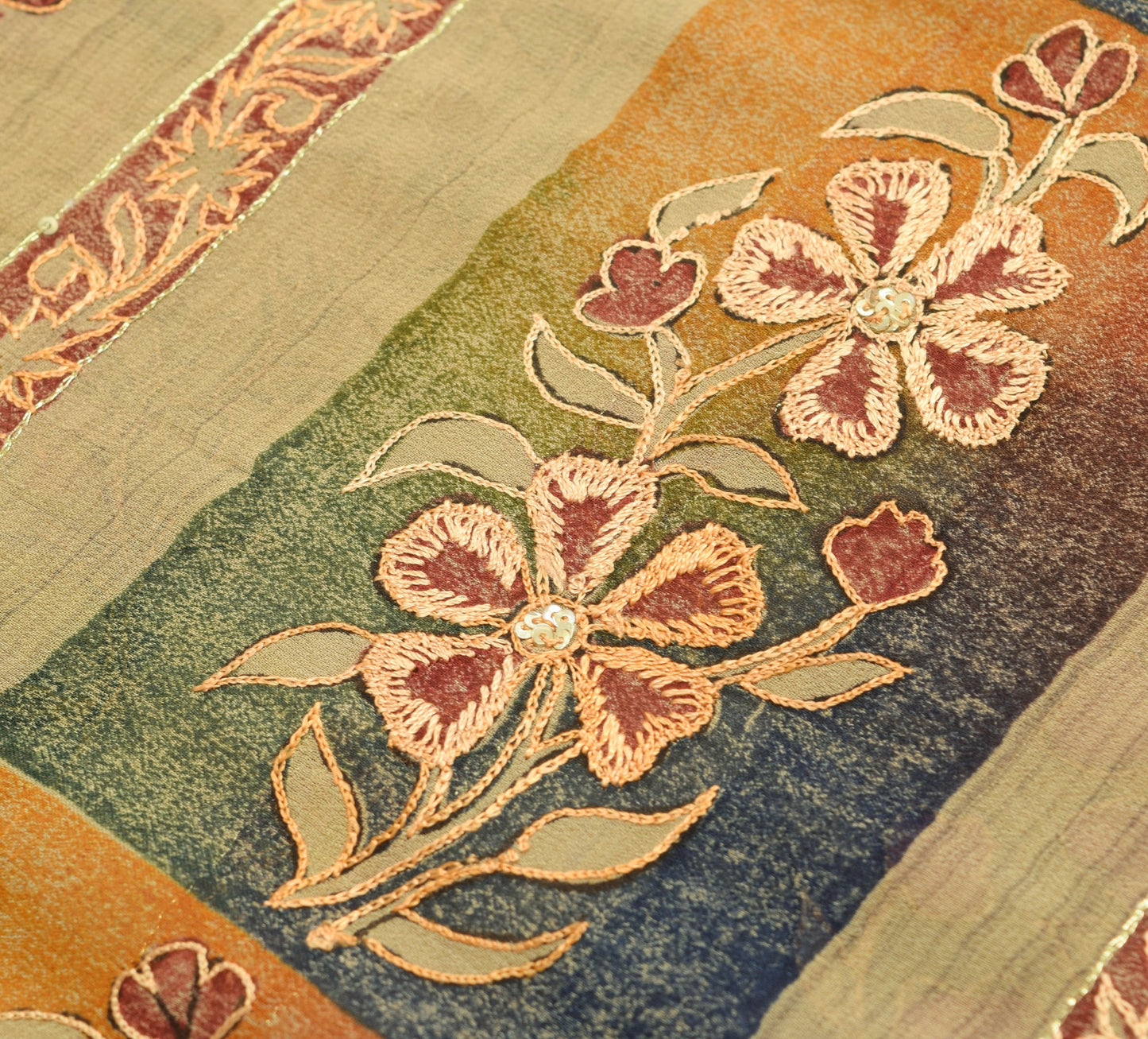 Sushila Vintage Light Brown Saree 100% Pure Georgette Silk Aari Work Sari Fabric