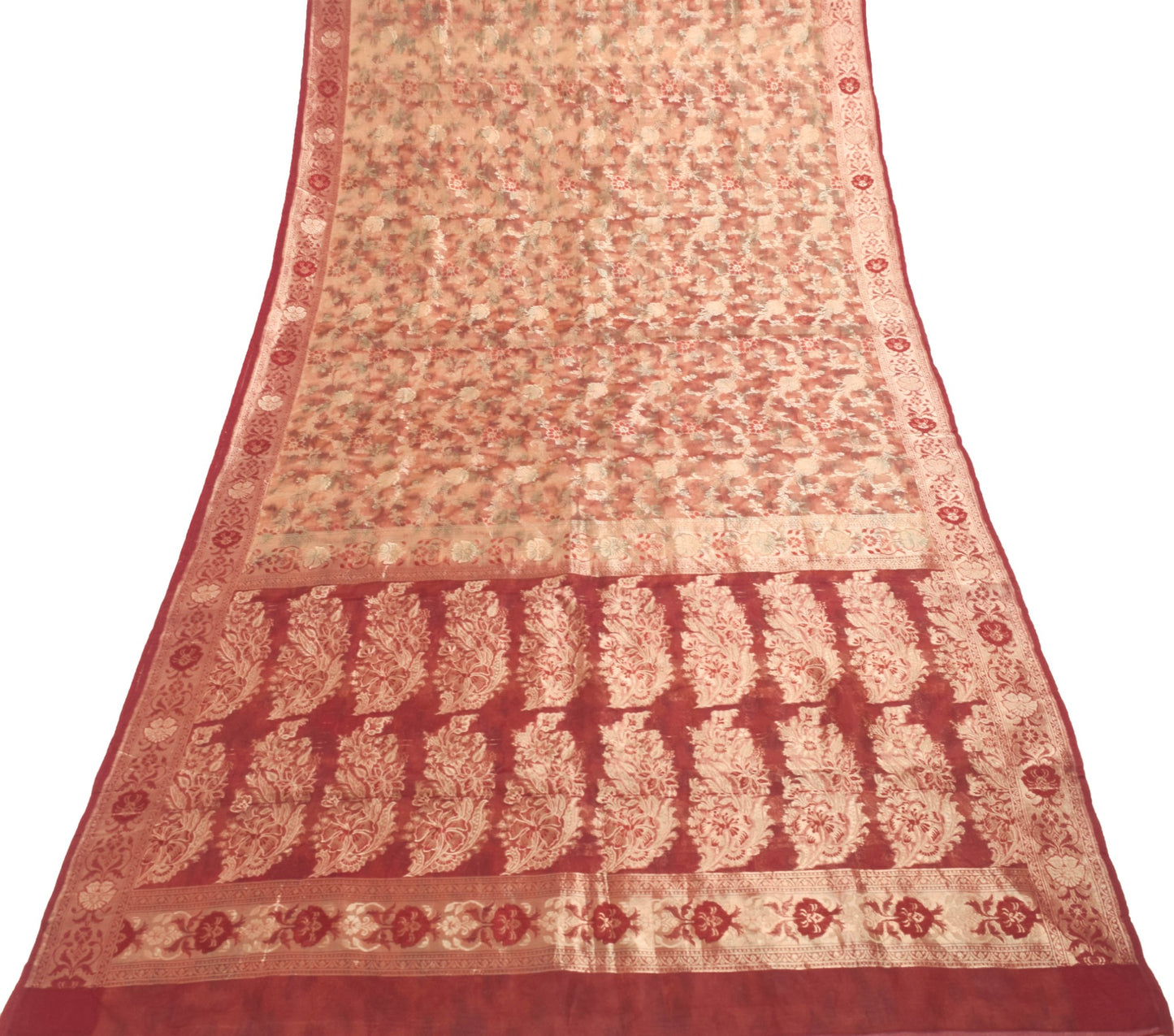 Sushila Vintage Maroon Brown Toned Saree 100%Pure Organza Silk Woven Sari Fabric