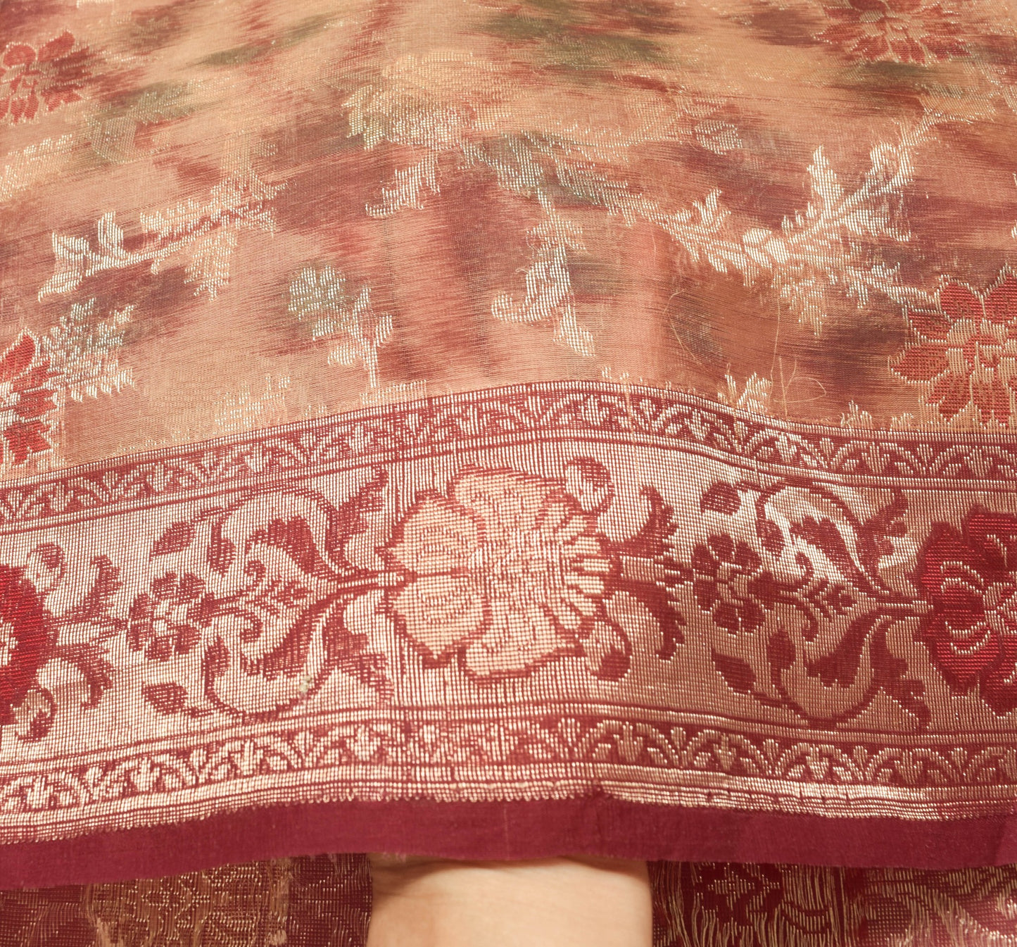 Sushila Vintage Maroon Brown Toned Saree 100%Pure Organza Silk Woven Sari Fabric