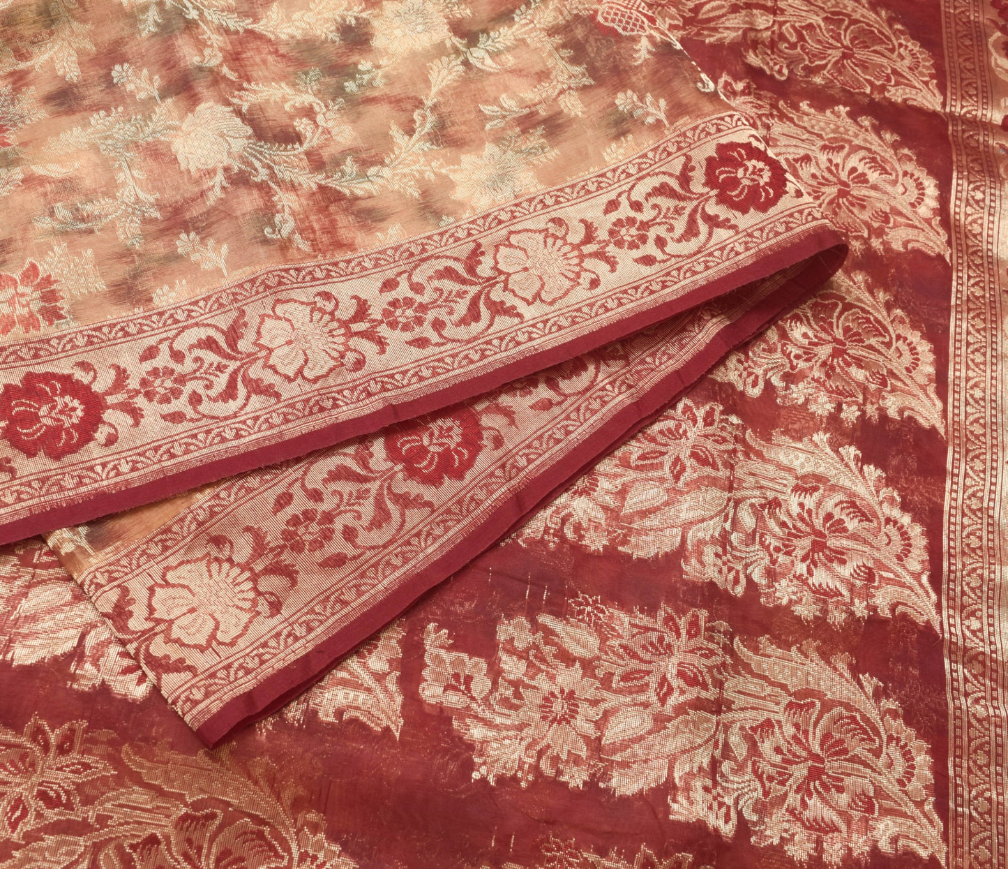 Sushila Vintage Maroon Brown Toned Saree 100%Pure Organza Silk Woven Sari Fabric