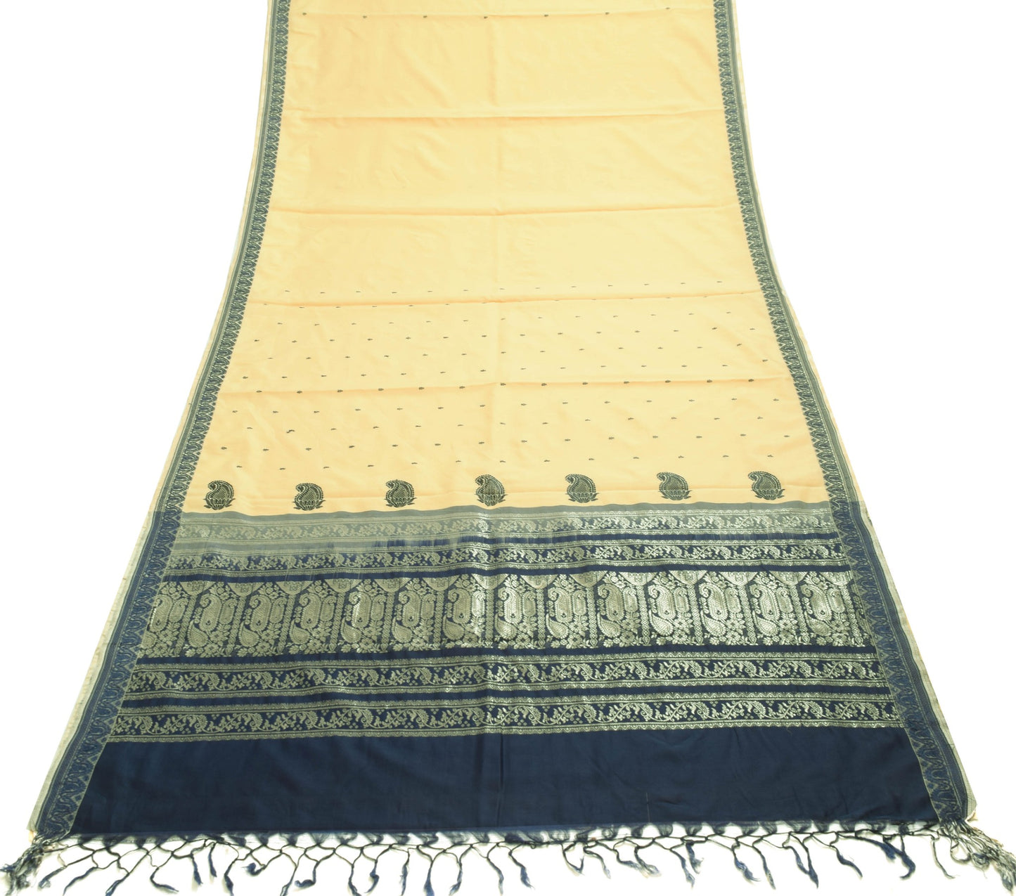 Sushila Vintage Beige Silk Saree All Over Woven with Blue Silk Thread Fabric