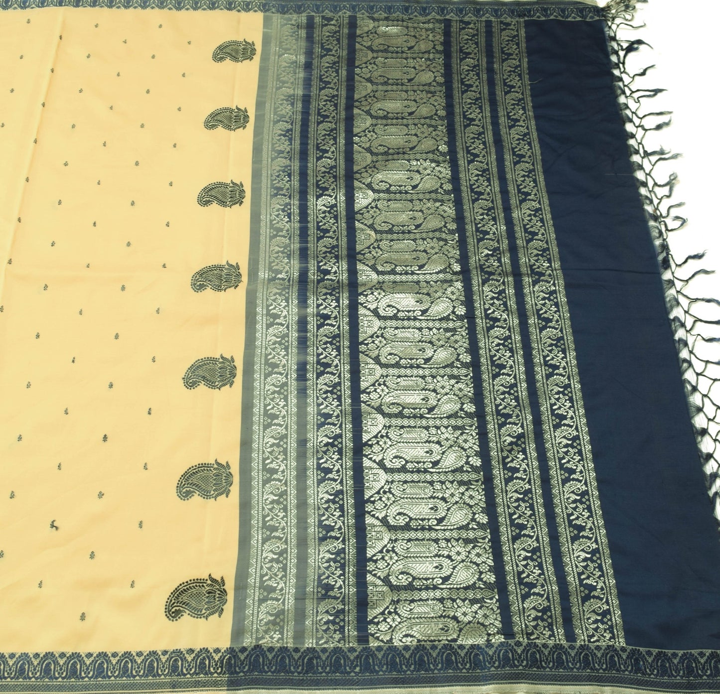 Sushila Vintage Beige Silk Saree All Over Woven with Blue Silk Thread Fabric