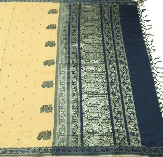 Sushila Vintage Beige Silk Saree All Over Woven with Blue Silk Thread Fabric