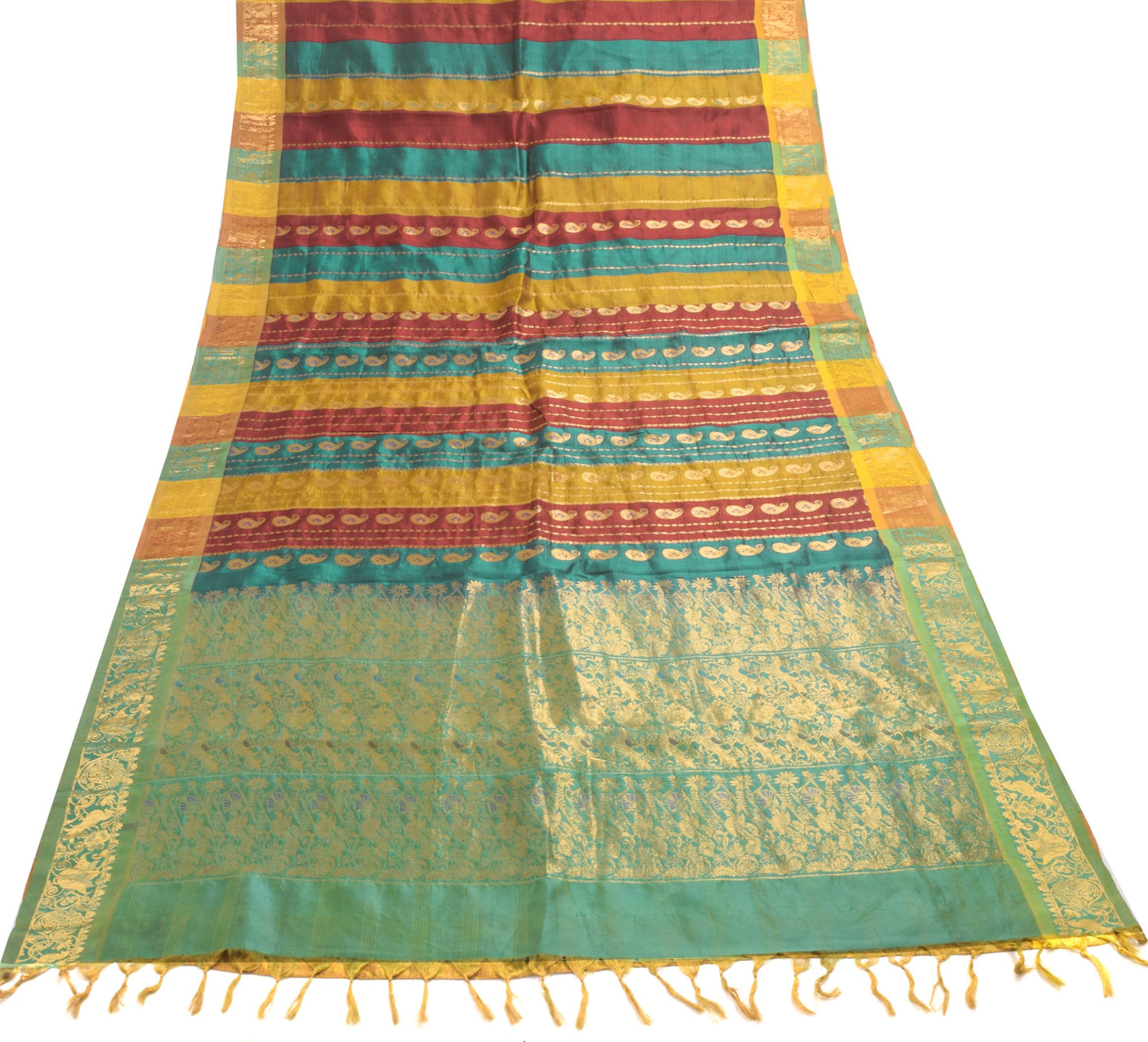 Sushila Vintage Kanjivaram Multi-Color Saree for Bright Look Pure Silk Gold Zari Brocade SariFabric