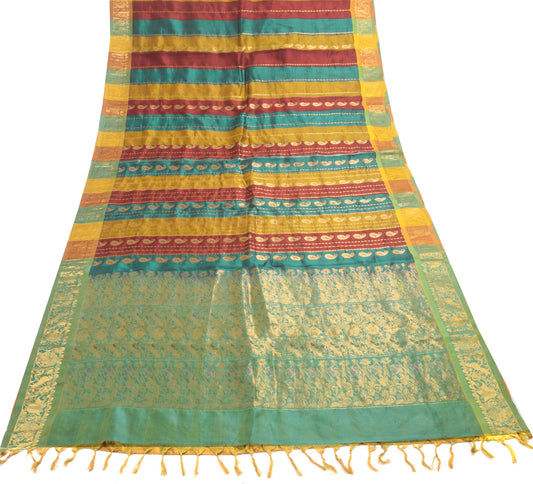 Sushila Vintage Kanjivaram Multi-Color Saree for Bright Look Pure Silk Gold Zari Brocade SariFabric