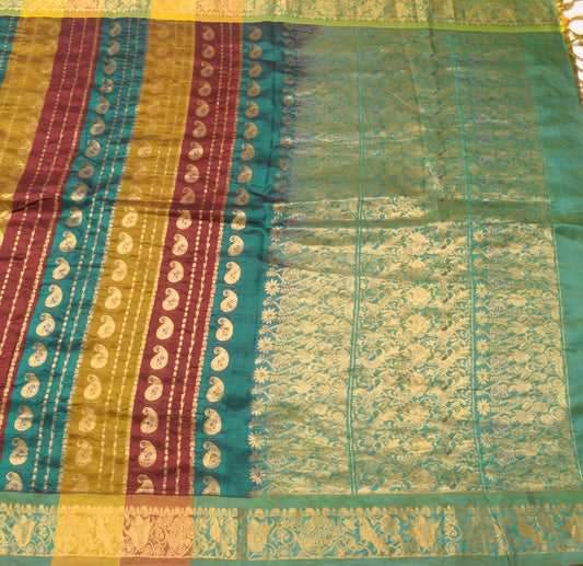 Sushila Vintage Kanjivaram Multi-Color Saree for Bright Look Pure Silk Gold Zari Brocade SariFabric