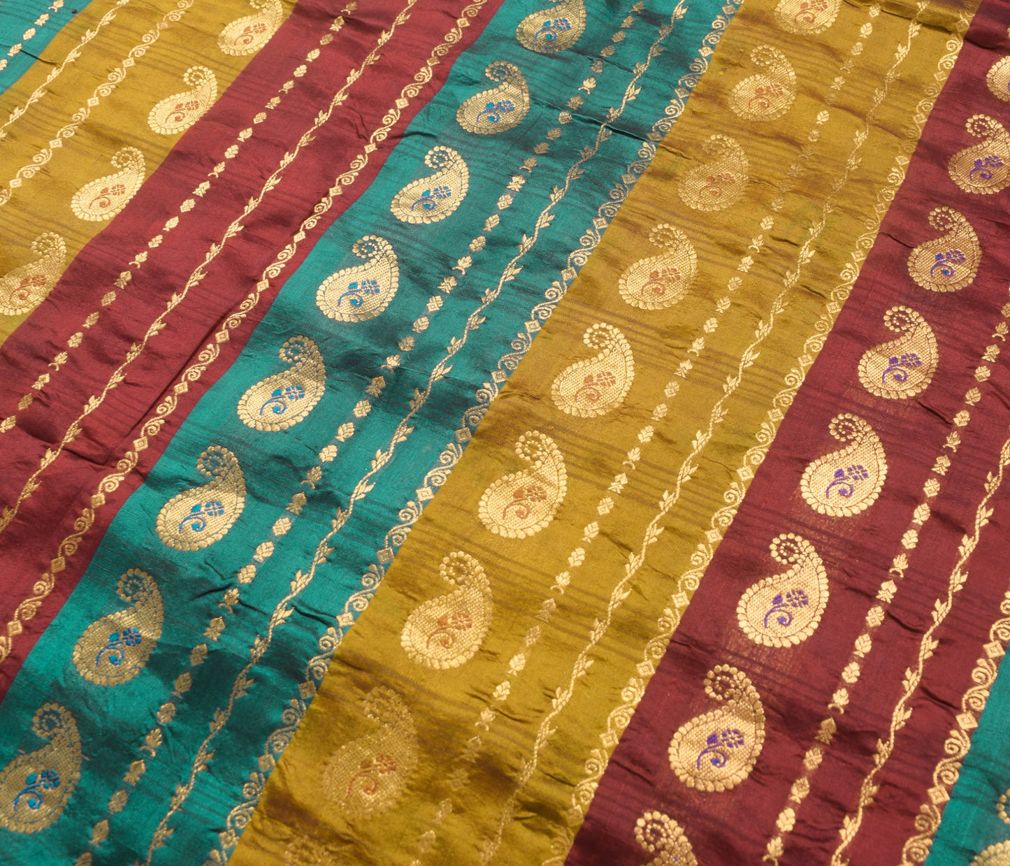 Sushila Vintage Kanjivaram Multi-Color Saree for Bright Look Pure Silk Gold Zari Brocade SariFabric
