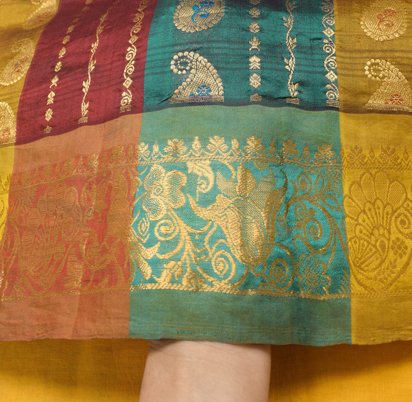 Sushila Vintage Kanjivaram Multi-Color Saree for Bright Look Pure Silk Gold Zari Brocade SariFabric