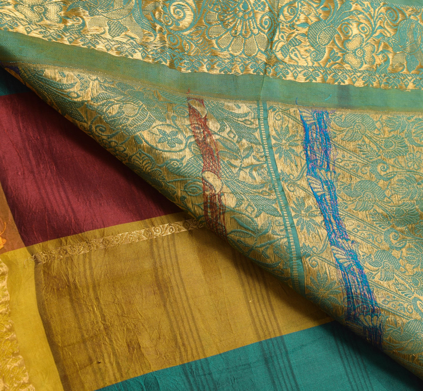 Sushila Vintage Kanjivaram Multi-Color Saree for Bright Look Pure Silk Gold Zari Brocade SariFabric