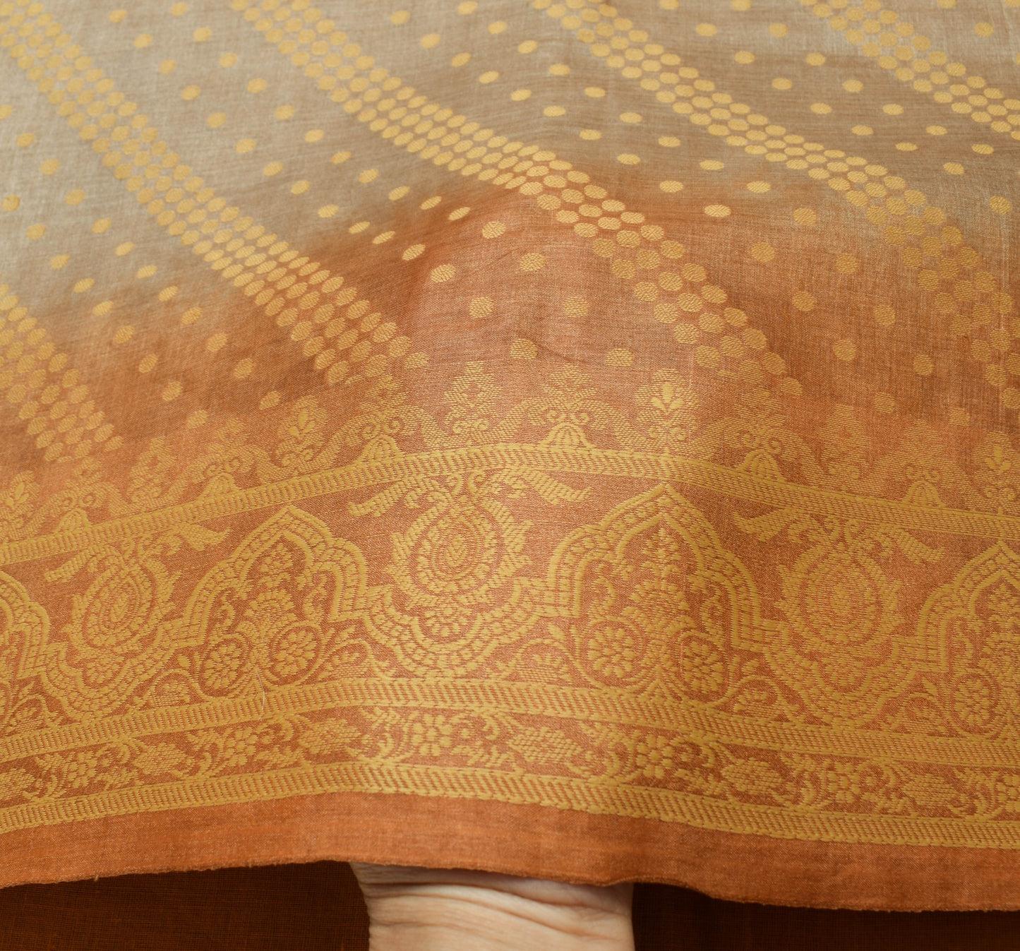 Sushila Vintage Brown 100% Pure Silk Saree Polka Dot Woven Sari Craft Fabric