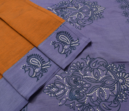 Sushila Vintage Brown Hand Printed Saree 100% Pure Cotton Peacock Sari Fabric