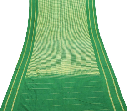 Sushila Vintage Handwoven Cotton Saree with Green and Yellow Fine Checks Fabric
