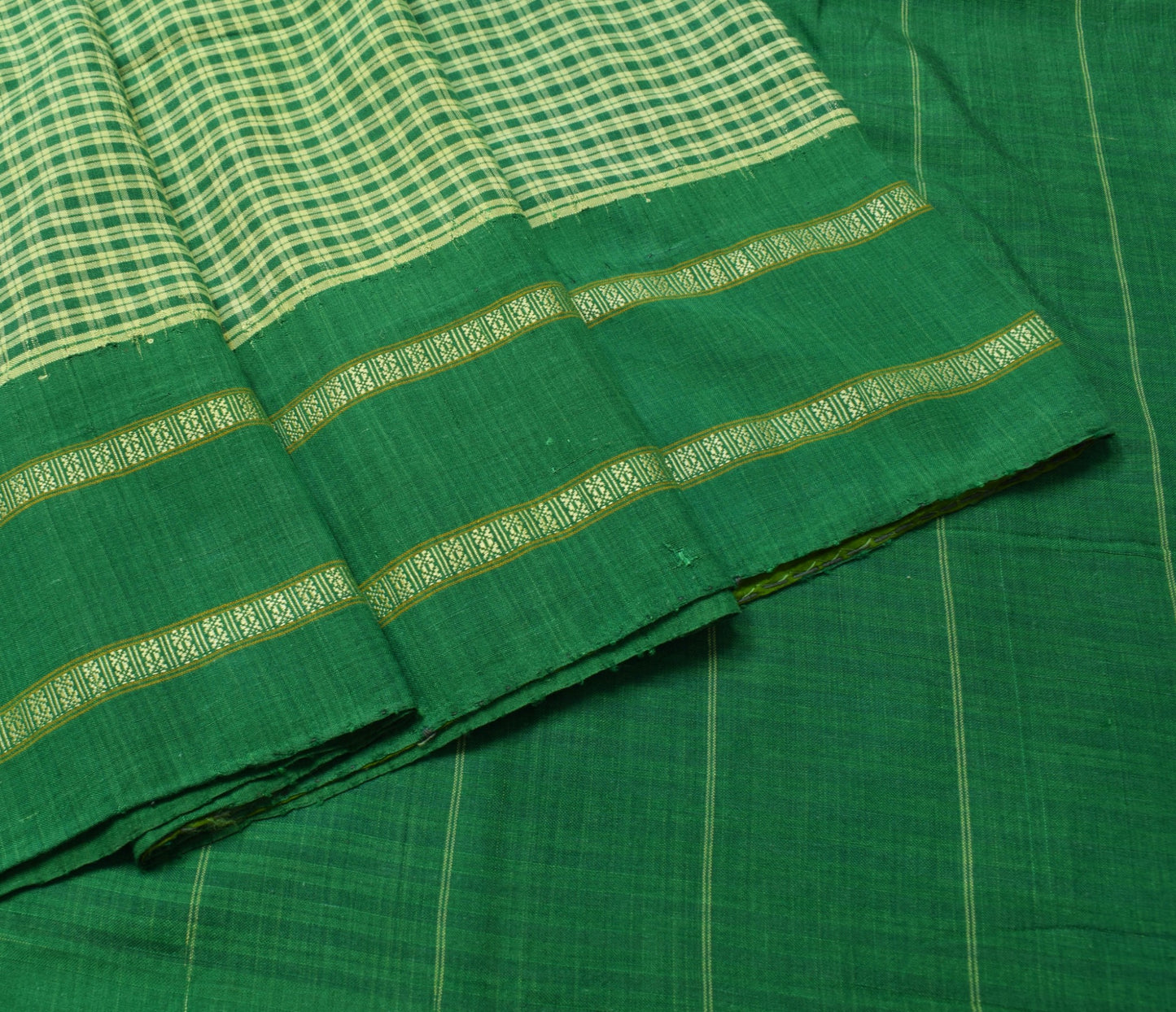 Sushila Vintage Handwoven Cotton Saree with Green and Yellow Fine Checks Fabric