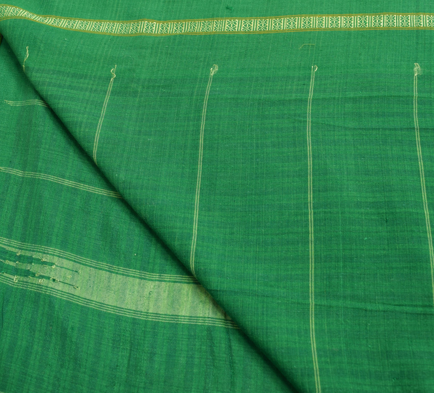 Sushila Vintage Handwoven Cotton Saree with Green and Yellow Fine Checks Fabric