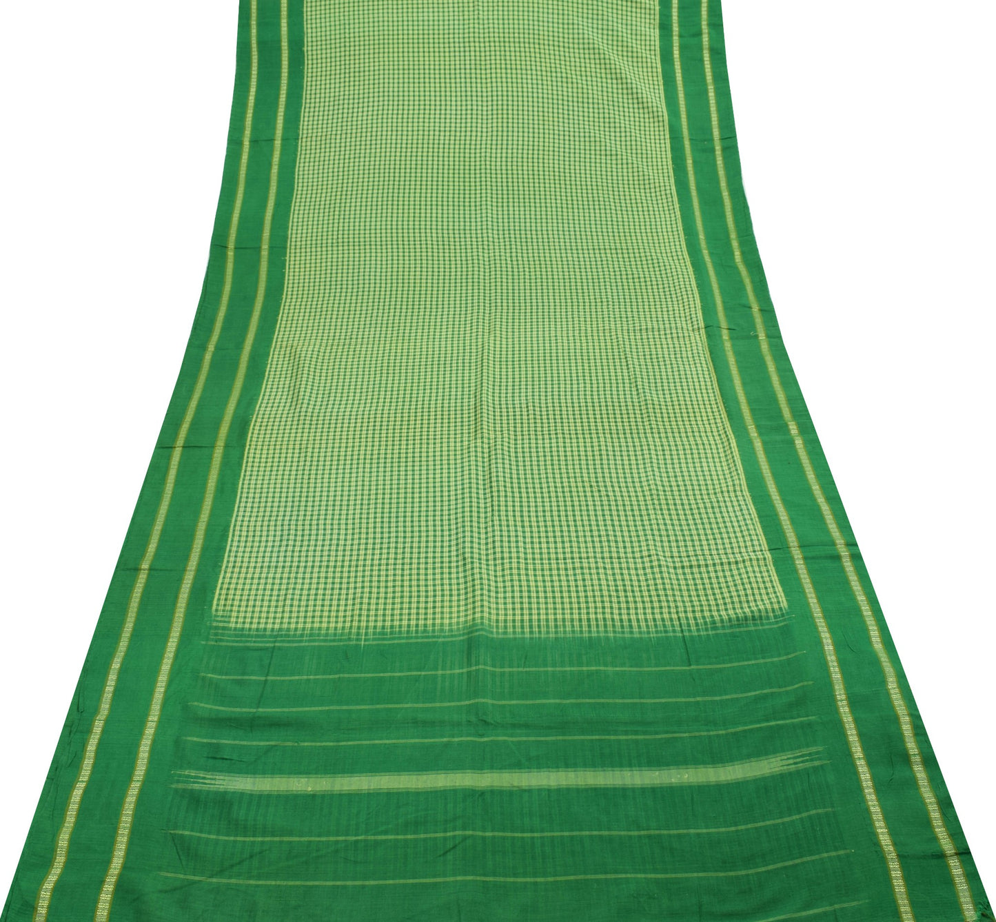 Sushila Vintage Handwoven Cotton Saree with Green and Yellow Fine Checks Fabric