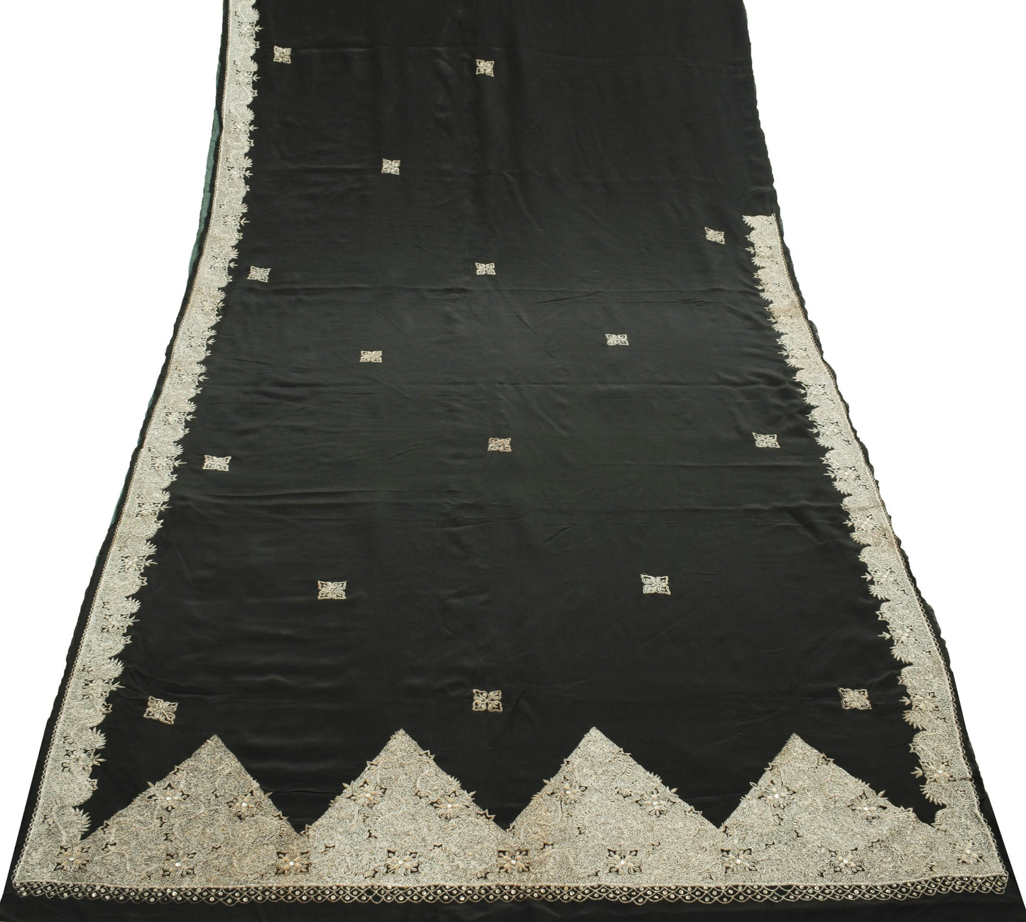 Sushila Vtg Black  Pure Crepe Silk Saree Zari Embroidered Premium Sari Fabric