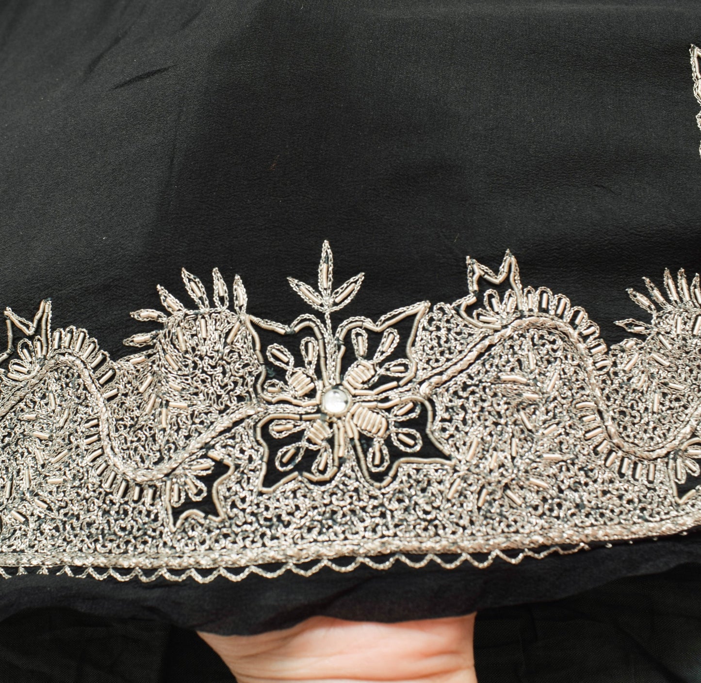 Sushila Vtg Black  Pure Crepe Silk Saree Zari Embroidered Premium Sari Fabric