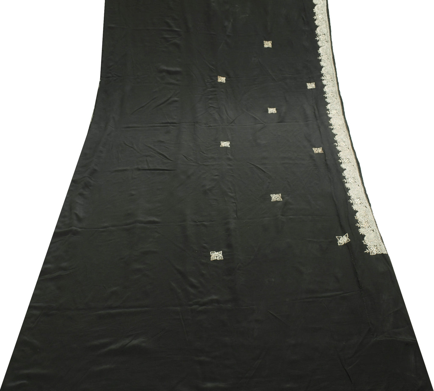 Sushila Vtg Black  Pure Crepe Silk Saree Zari Embroidered Premium Sari Fabric