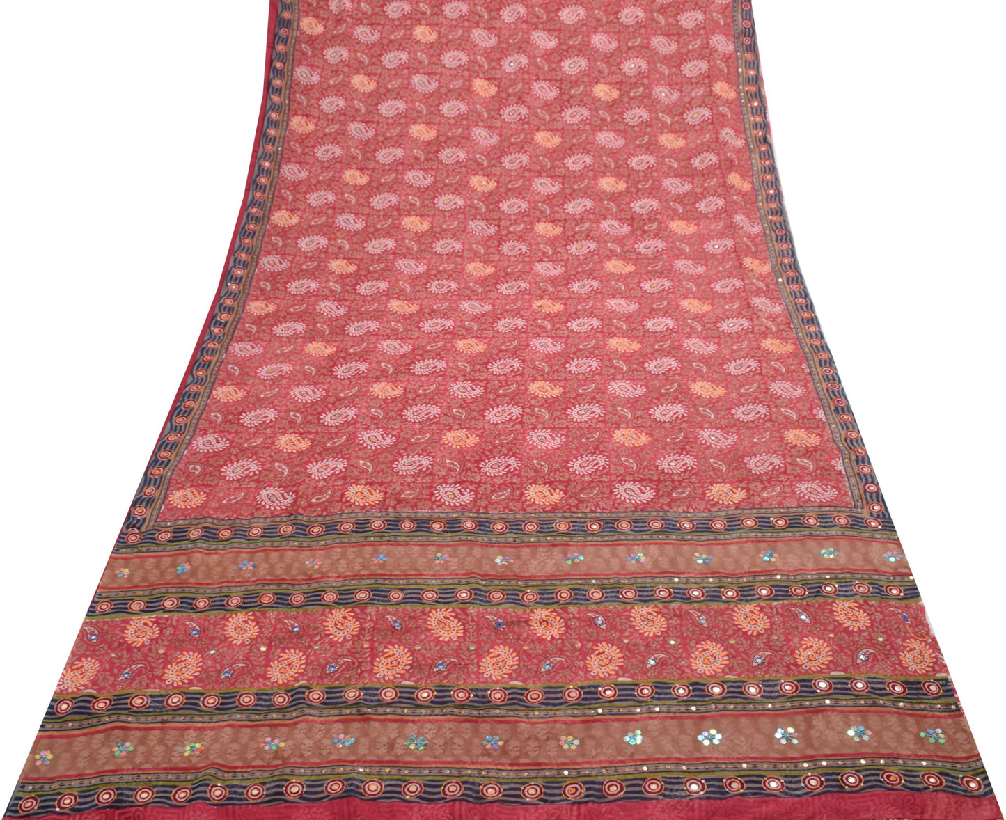 Sushila Vtg Pink Hand Blok Printed Saree Georgette Branded Sari Aari Work Fabric
