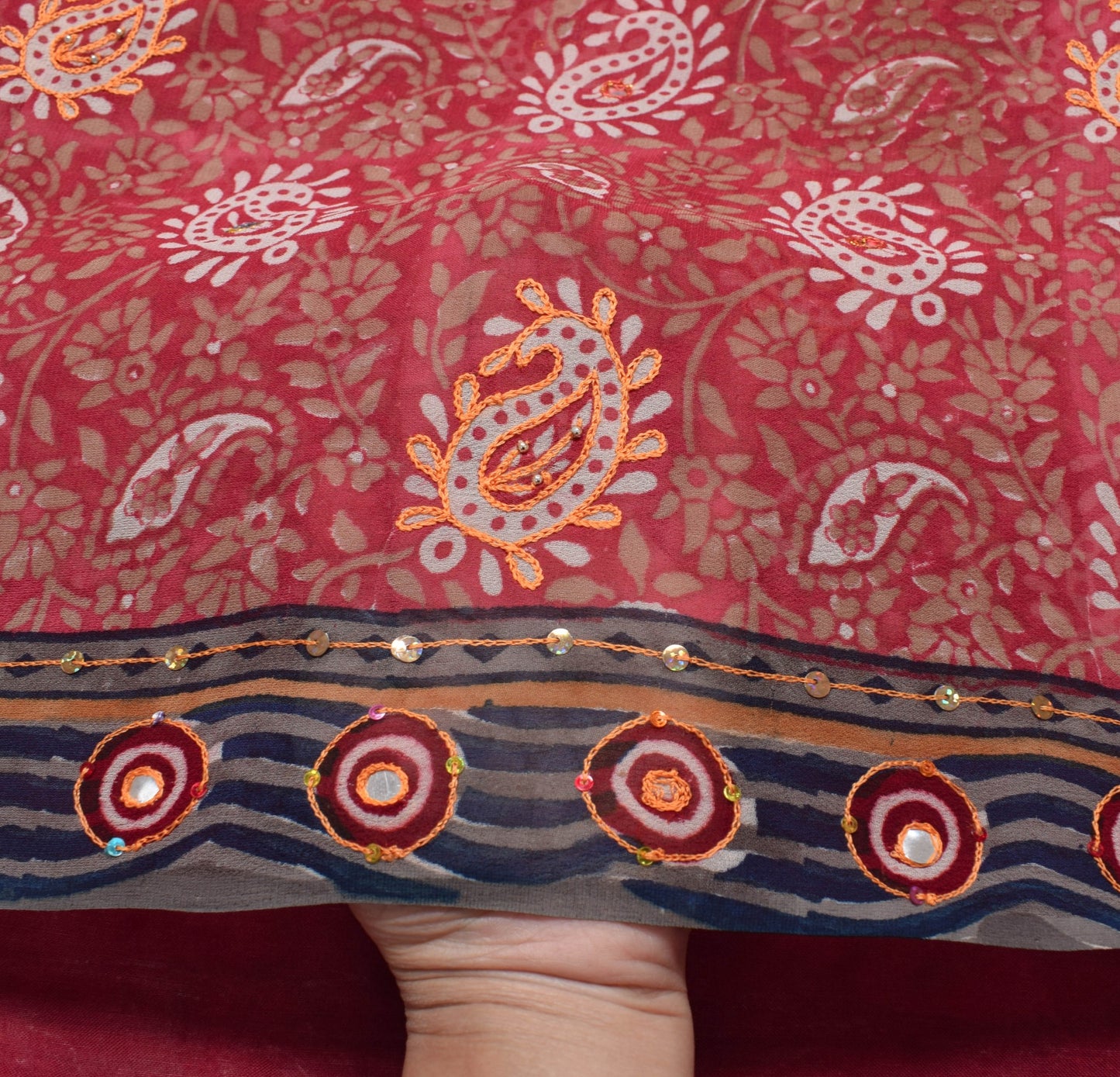 Sushila Vtg Pink Hand Blok Printed Saree Georgette Branded Sari Aari Work Fabric