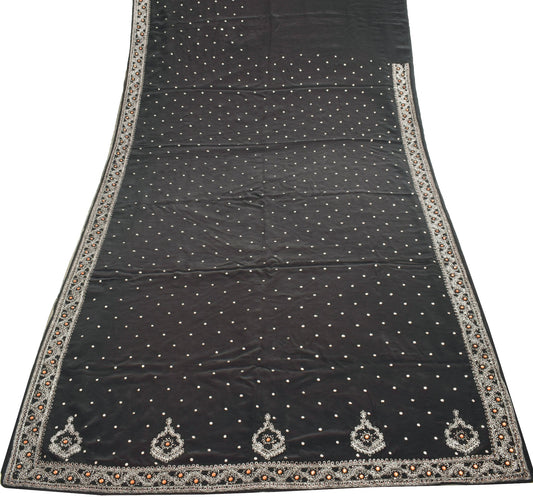 Sushila Vintage Black Hand Embroidered Saree Pure Crepe Silk Sari Soft Fabric