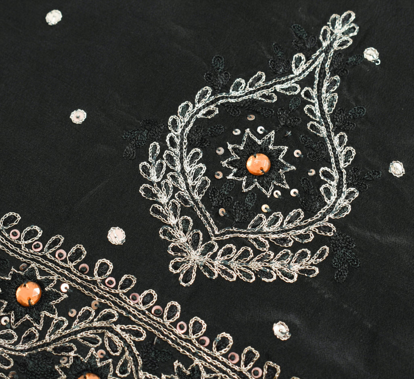 Sushila Vintage Black Hand Embroidered Saree Pure Crepe Silk Sari Soft Fabric
