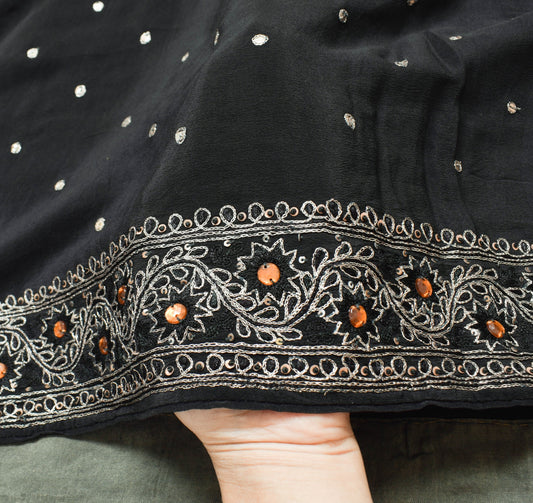 Sushila Vintage Black Hand Embroidered Saree Pure Crepe Silk Sari Soft Fabric