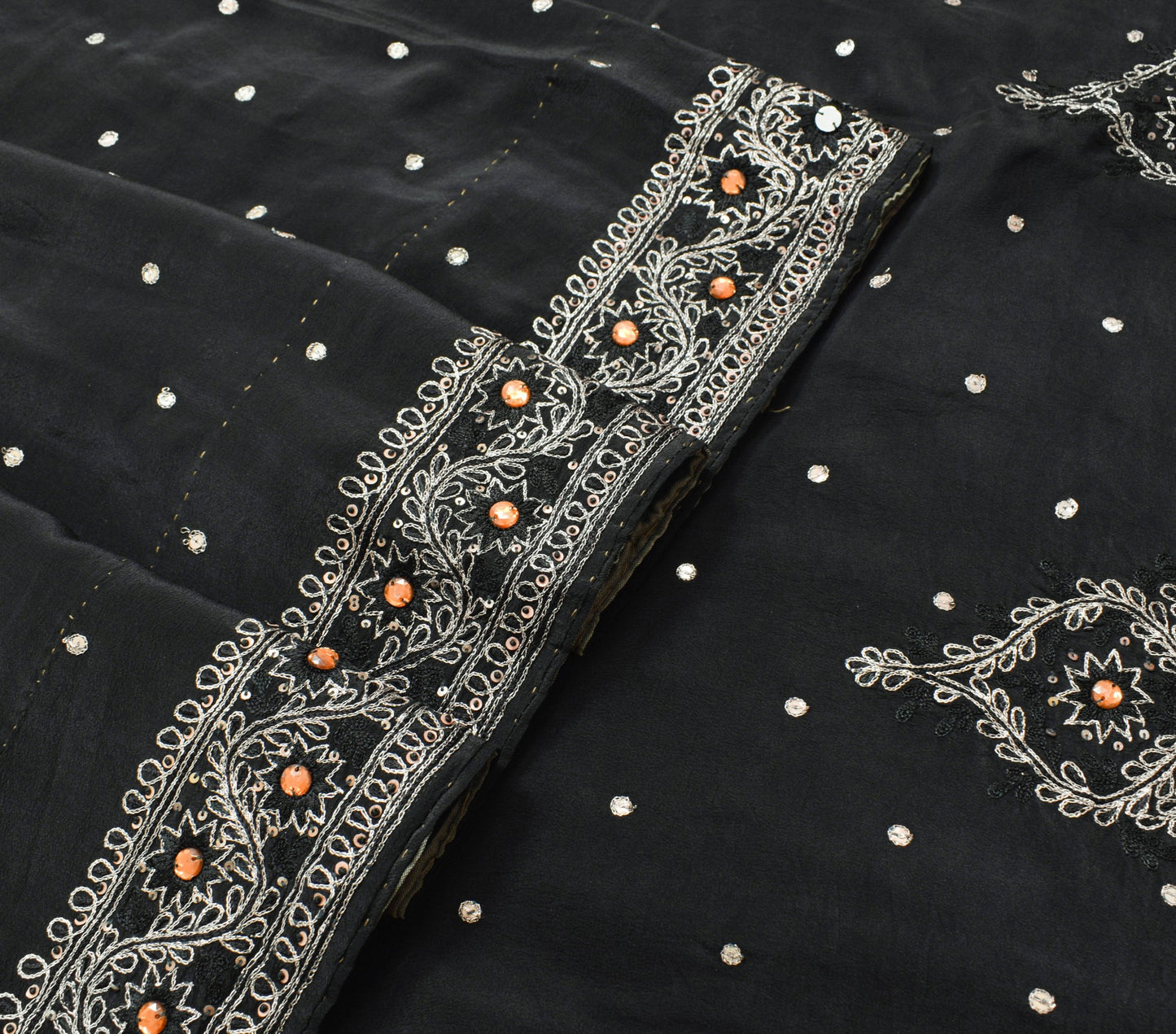 Sushila Vintage Black Hand Embroidered Saree Pure Crepe Silk Sari Soft Fabric