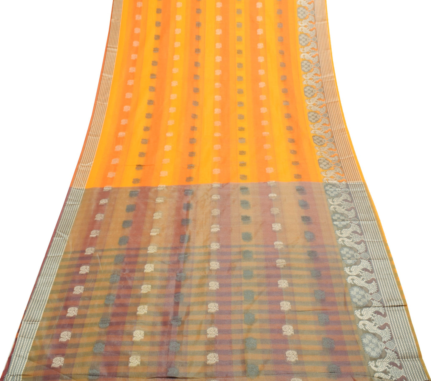 Sushila Vintage Yellow Orange Silk Saree Peacock Woven Sari With Blouse Fabric