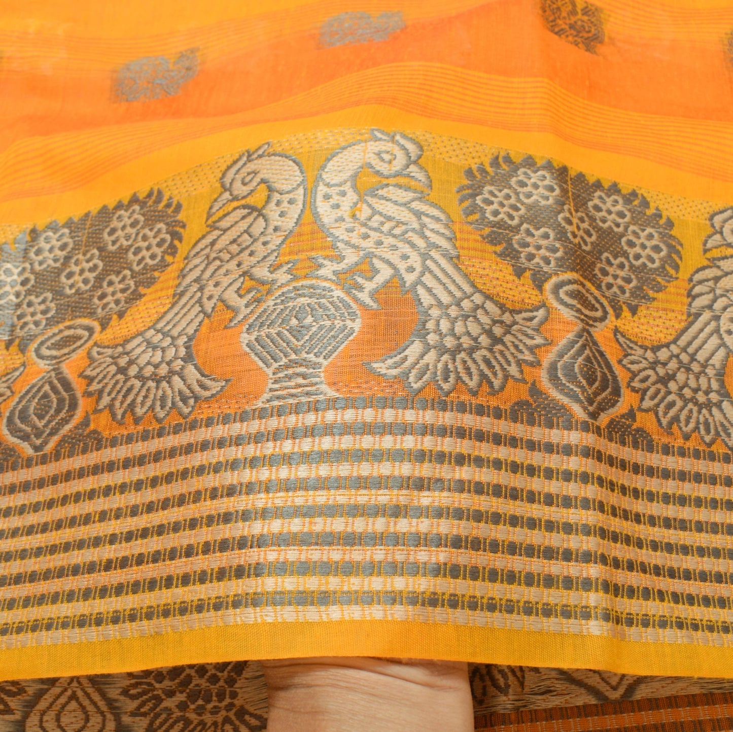 Sushila Vintage Yellow Orange Silk Saree Peacock Woven Sari With Blouse Fabric