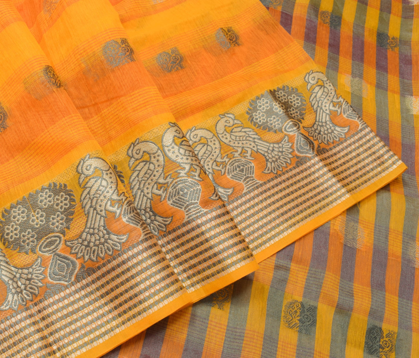 Sushila Vintage Yellow Orange Silk Saree Peacock Woven Sari With Blouse Fabric