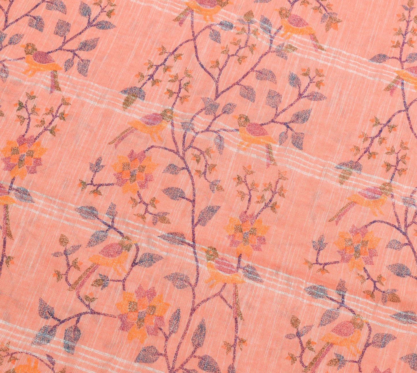 Sushila Vintage Peach Saree 100%Pure Cotton Hand Printed Birds Sari Craft Fabric