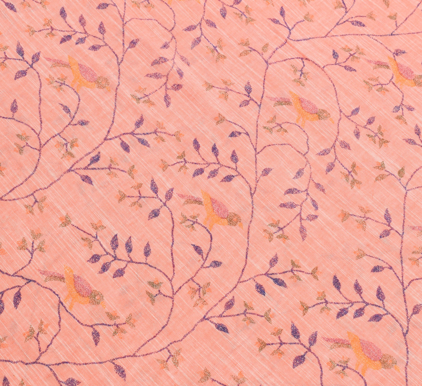 Sushila Vintage Peach Saree 100%Pure Cotton Hand Printed Birds Sari Craft Fabric